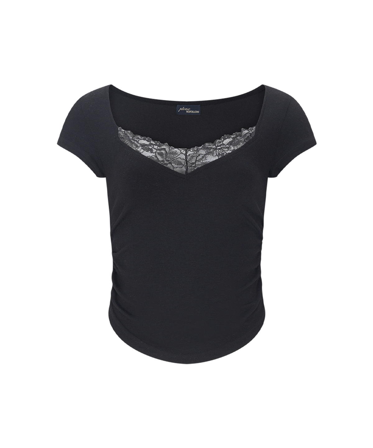 플리즈노팔로우(PLEASENOFOLLOW) Vera Lace Shirring Short Sleeve Top (Black)
