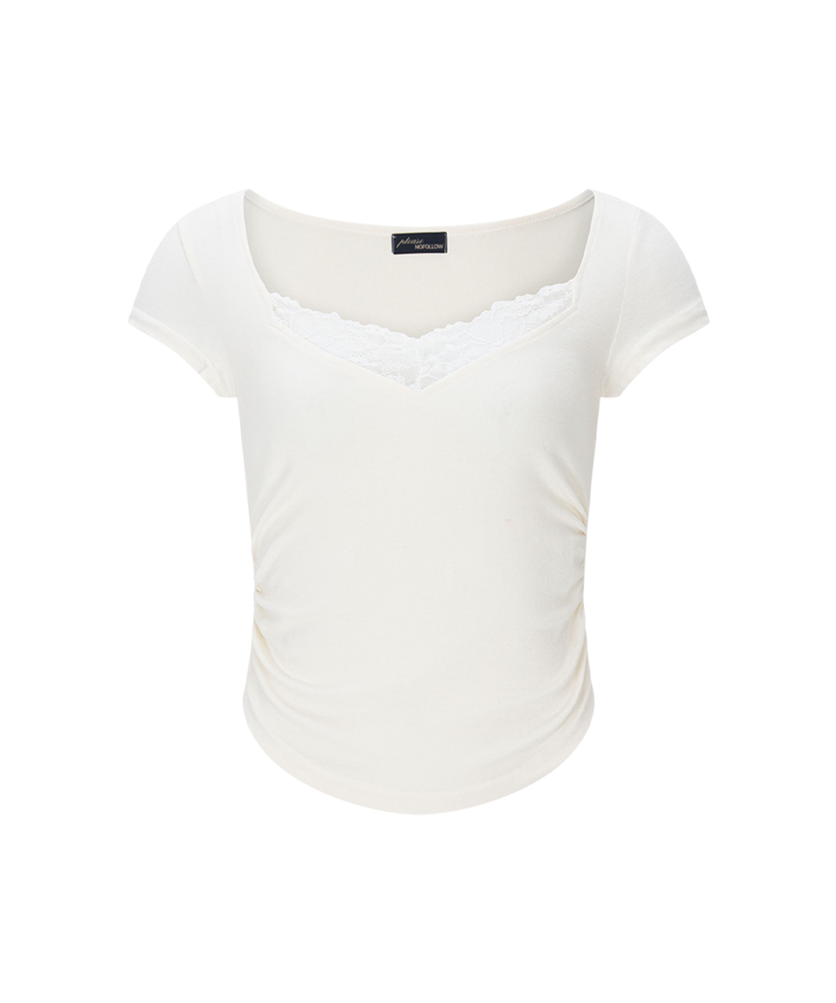 플리즈노팔로우(PLEASENOFOLLOW) Vera Lace Shirring Short Sleeve Top (Ivory)