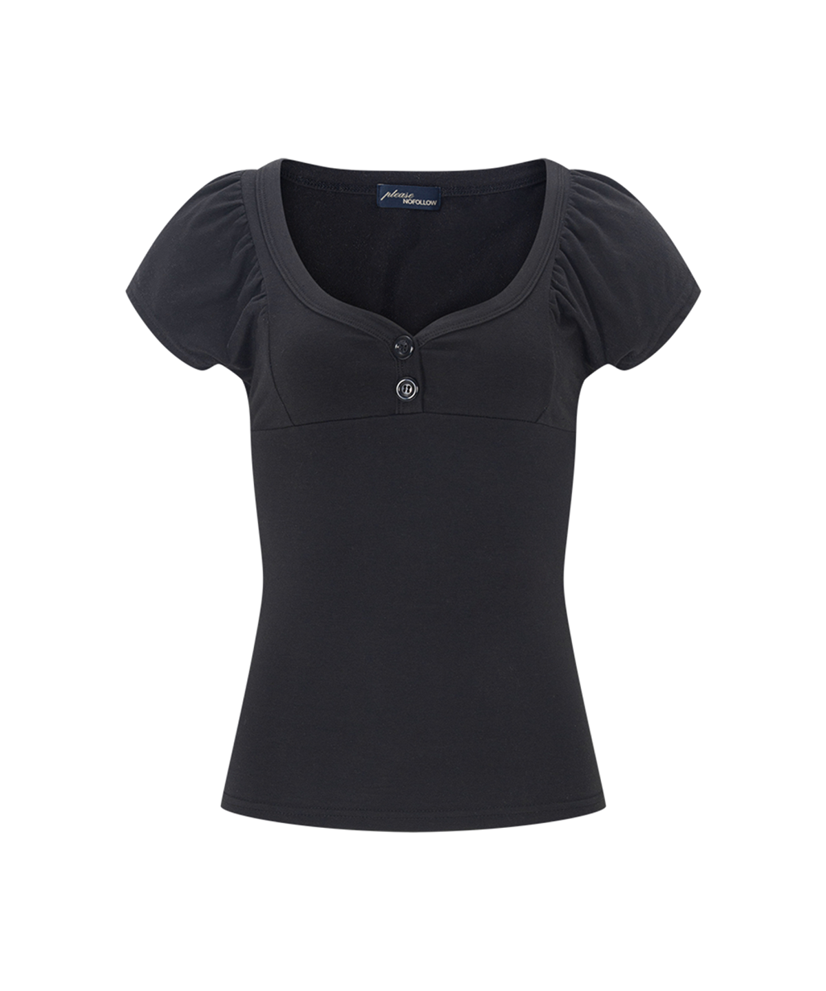플리즈노팔로우(PLEASENOFOLLOW) Sia Button Shirring Short Sleeve Top (Black)