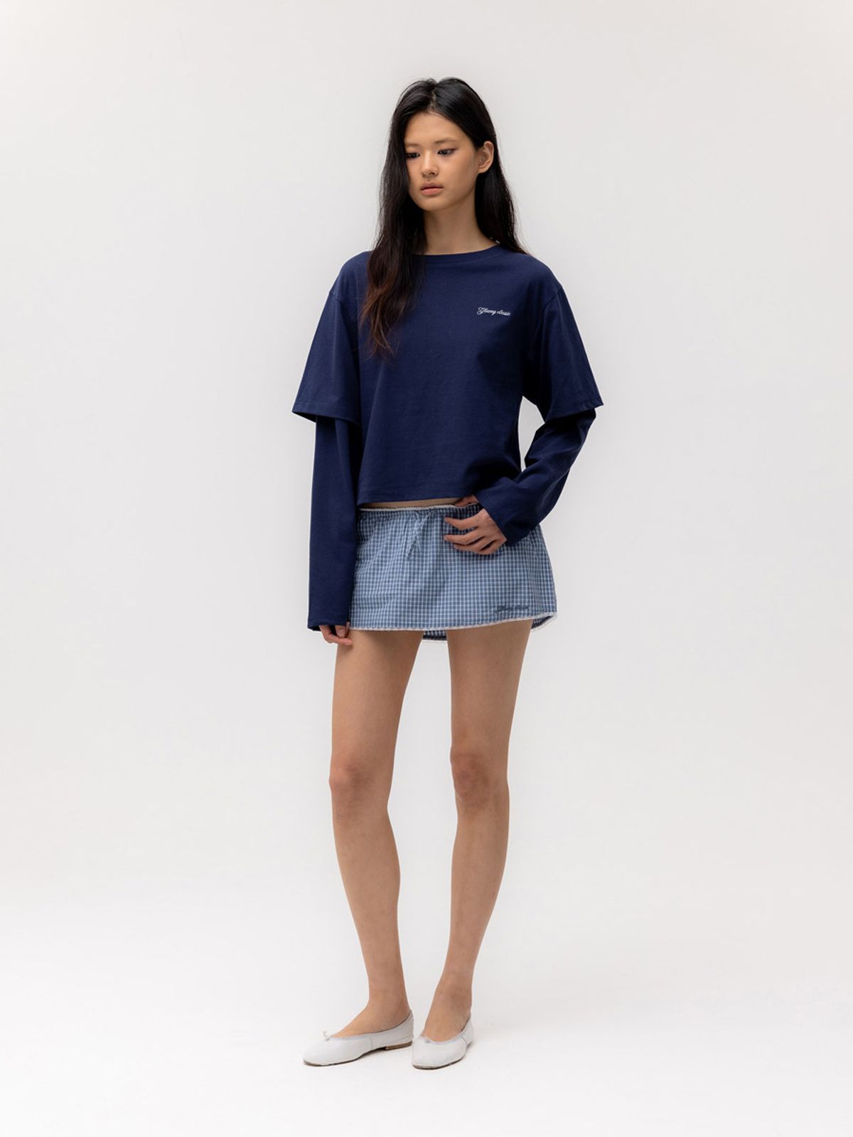 글로니(GLOWNY) G DOUBLE SLEEVE LETTER TEE (NAVY)