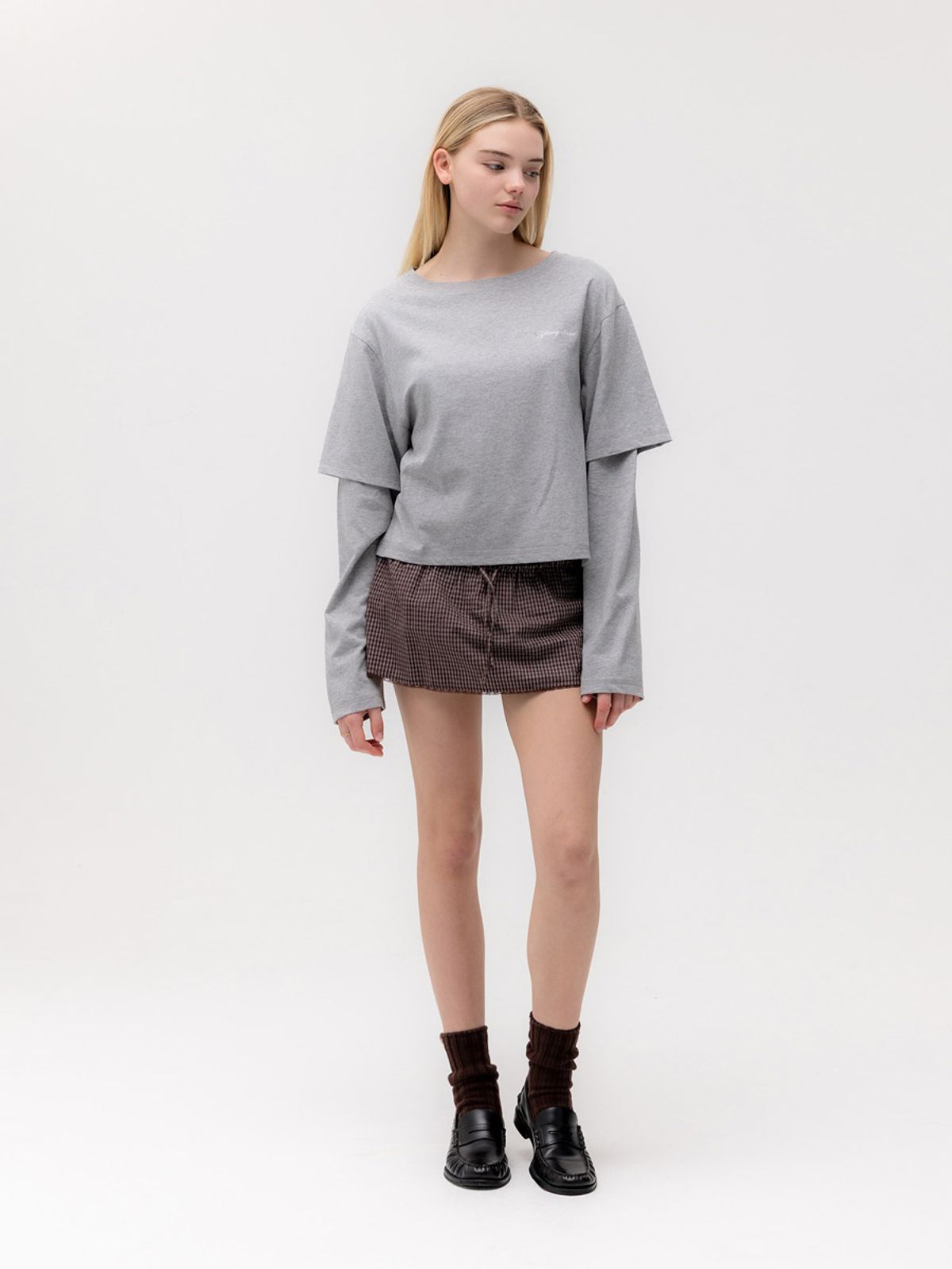 글로니(GLOWNY) G DOUBLE SLEEVE LETTER TEE (MELANGE GRAY)