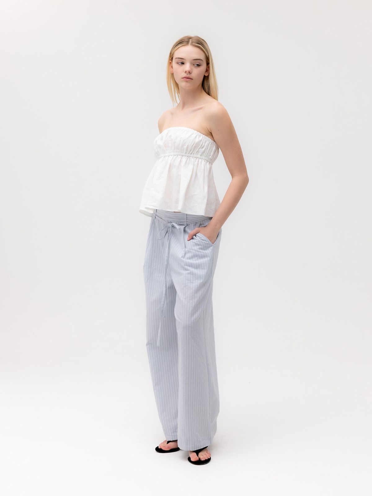 글로니(GLOWNY) G BELTED LINEN WIDE PANTS (BLUE)