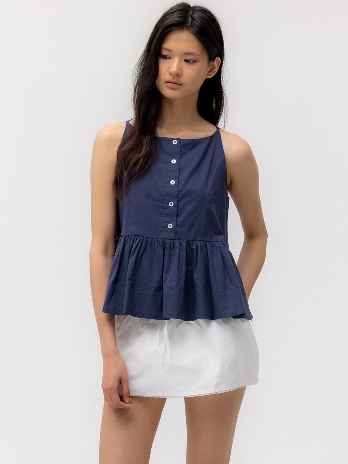 글로니(GLOWNY) G RUFFLED BUTTON BLOUSE (DEEP NAVY)