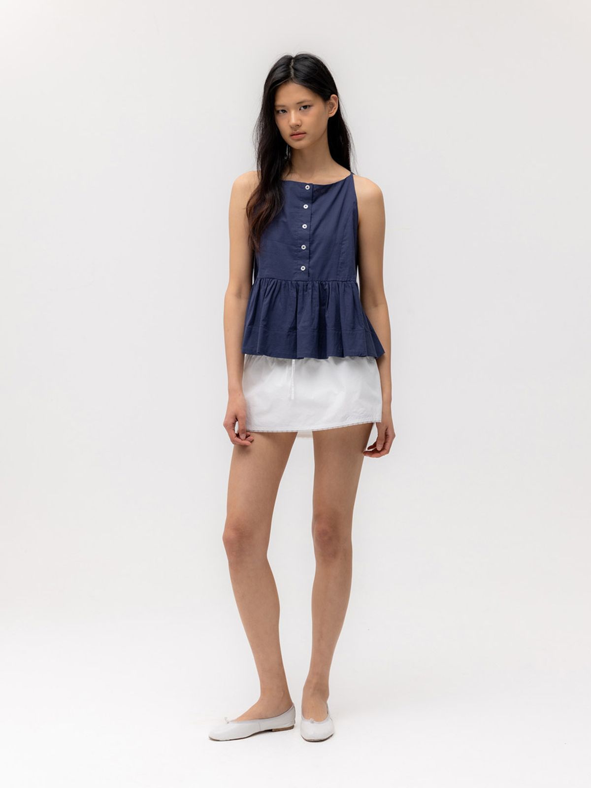 글로니(GLOWNY) G RUFFLED BUTTON BLOUSE (DEEP NAVY)