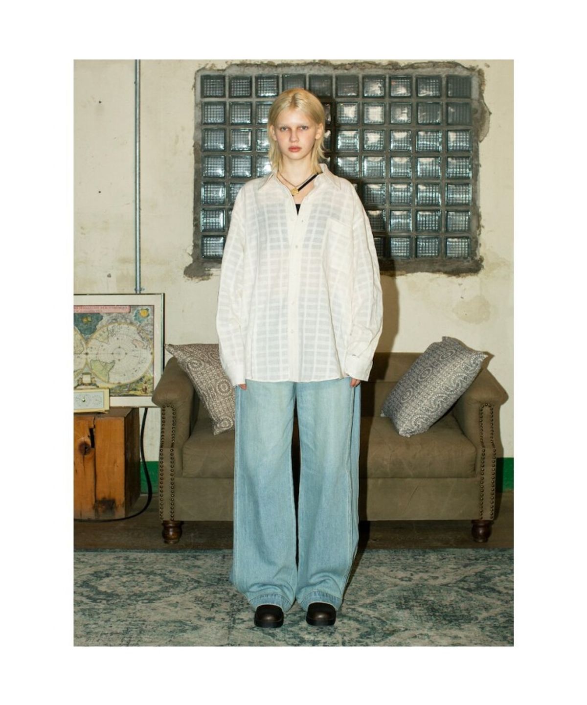 샌드 사운드(SAND SOUND) (UNISEX) 시어조직 오버핏 셔츠  아이보리