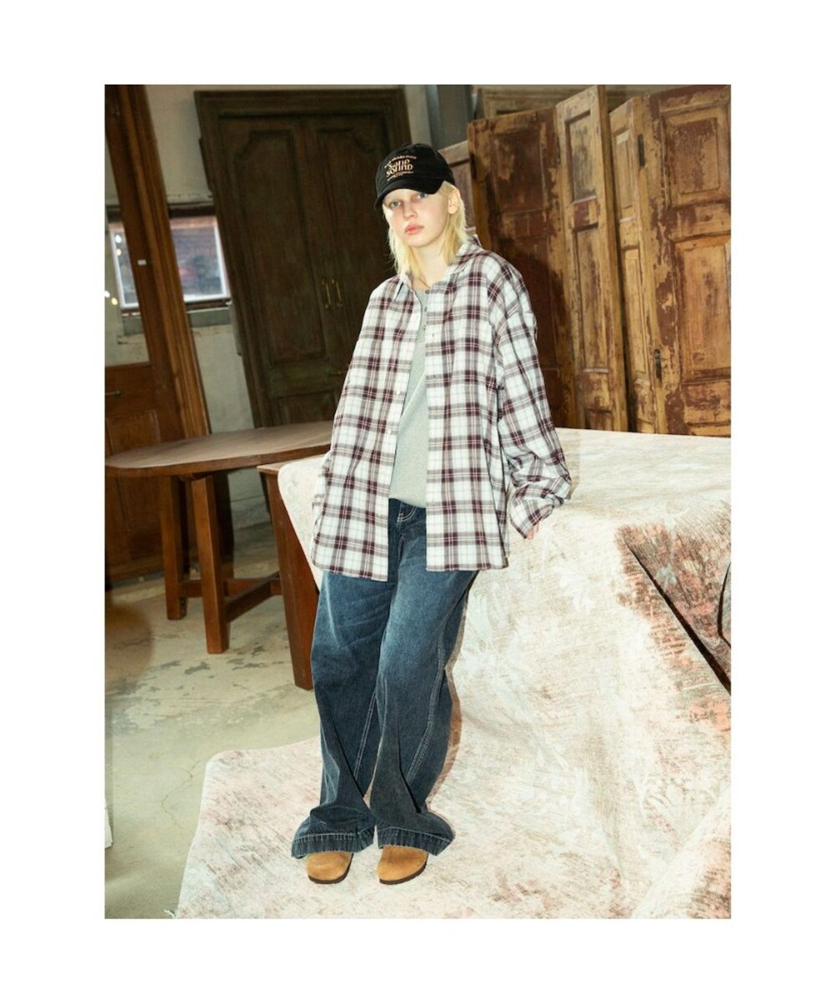 샌드 사운드(SAND SOUND) (UNISEX) 빅체크 오버핏 셔츠  와인