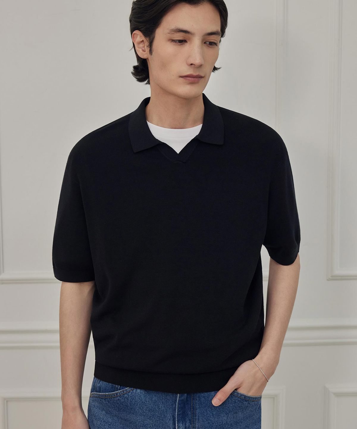 더니트컴퍼니(THEKNITCOMPANY) 리스 실크 폴로 셔츠 - 오닉스 블랙