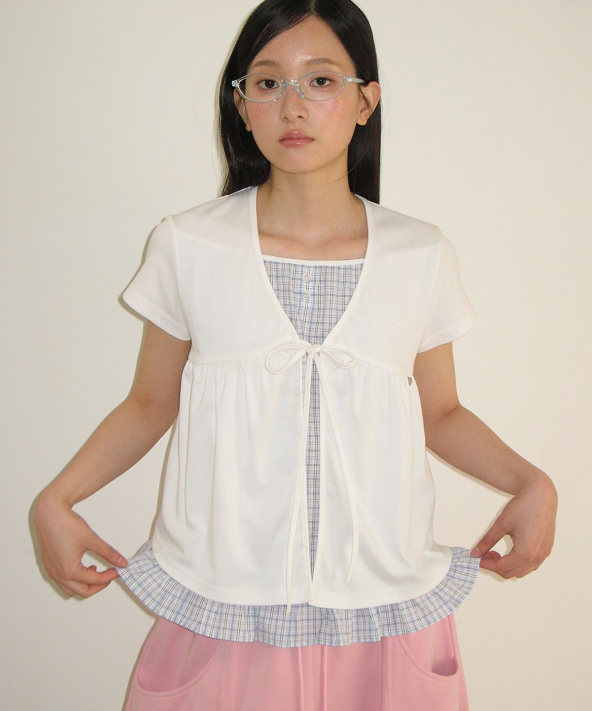 론론(RONRON) CARDIGAN LAYERED SOFT CHECK T SHIRT WHITE