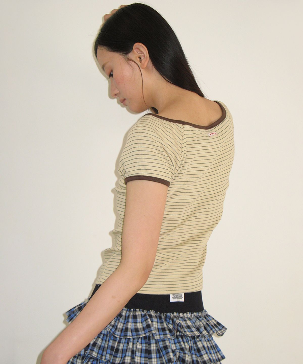 론론(RONRON) STITCH STRIPE OFF SHOULDER T SHIRT YELLOW