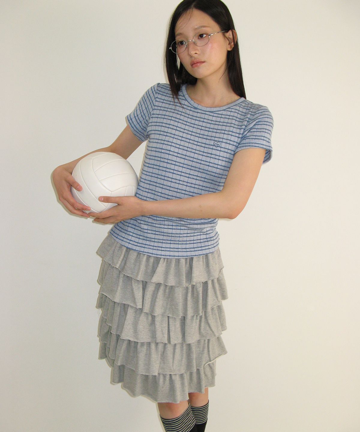 론론(RONRON) STRIPE SLIM FIT SHORT SLEEVE SOFT BLUE