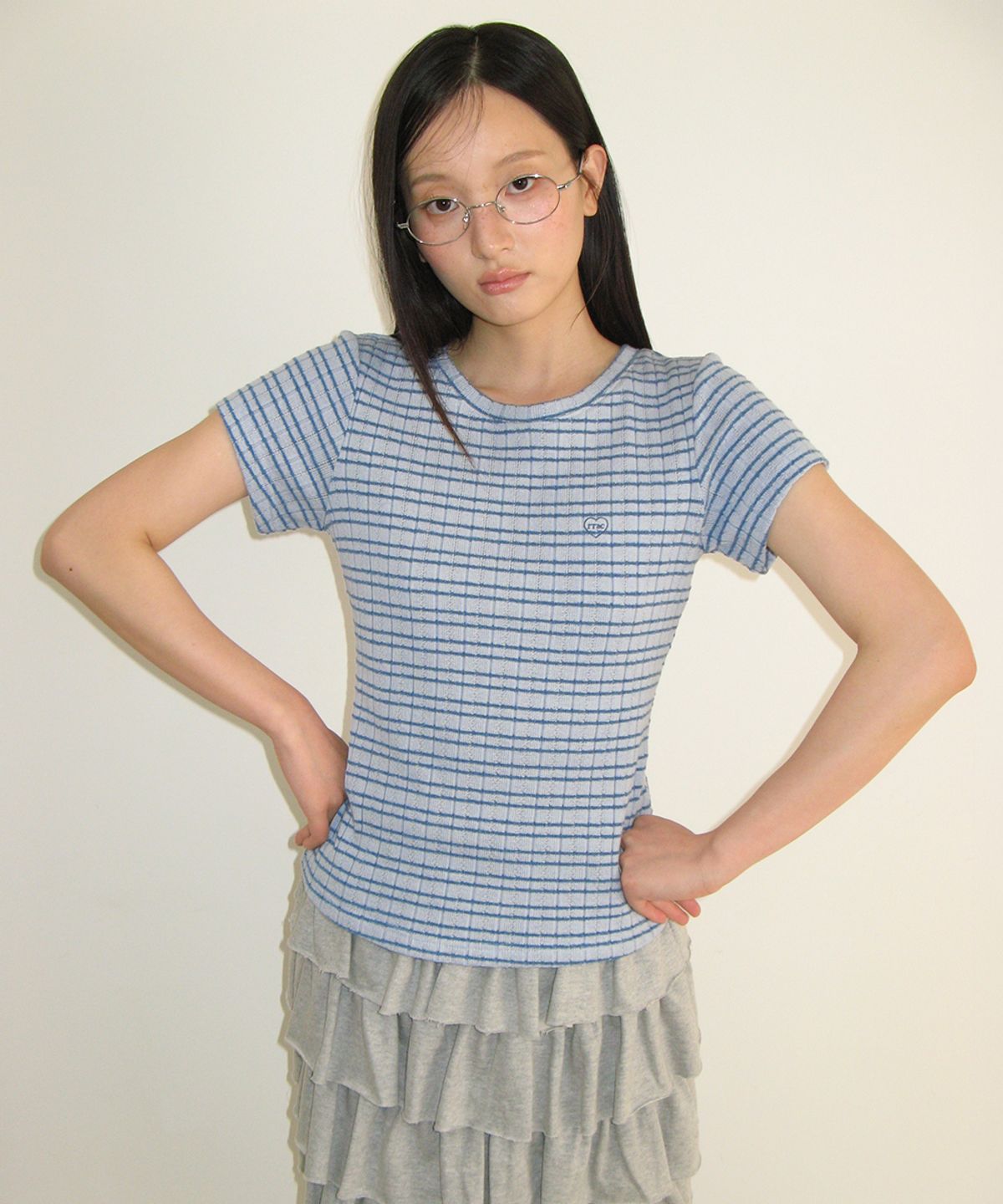 론론(RONRON) STRIPE SLIM FIT SHORT SLEEVE SOFT BLUE