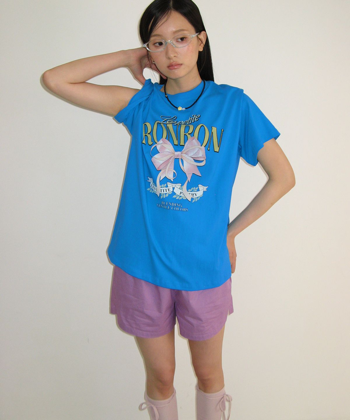 론론(RONRON) VINTAGE DOUBLE RIBBON BASIC FIT T SHIRT BLUE