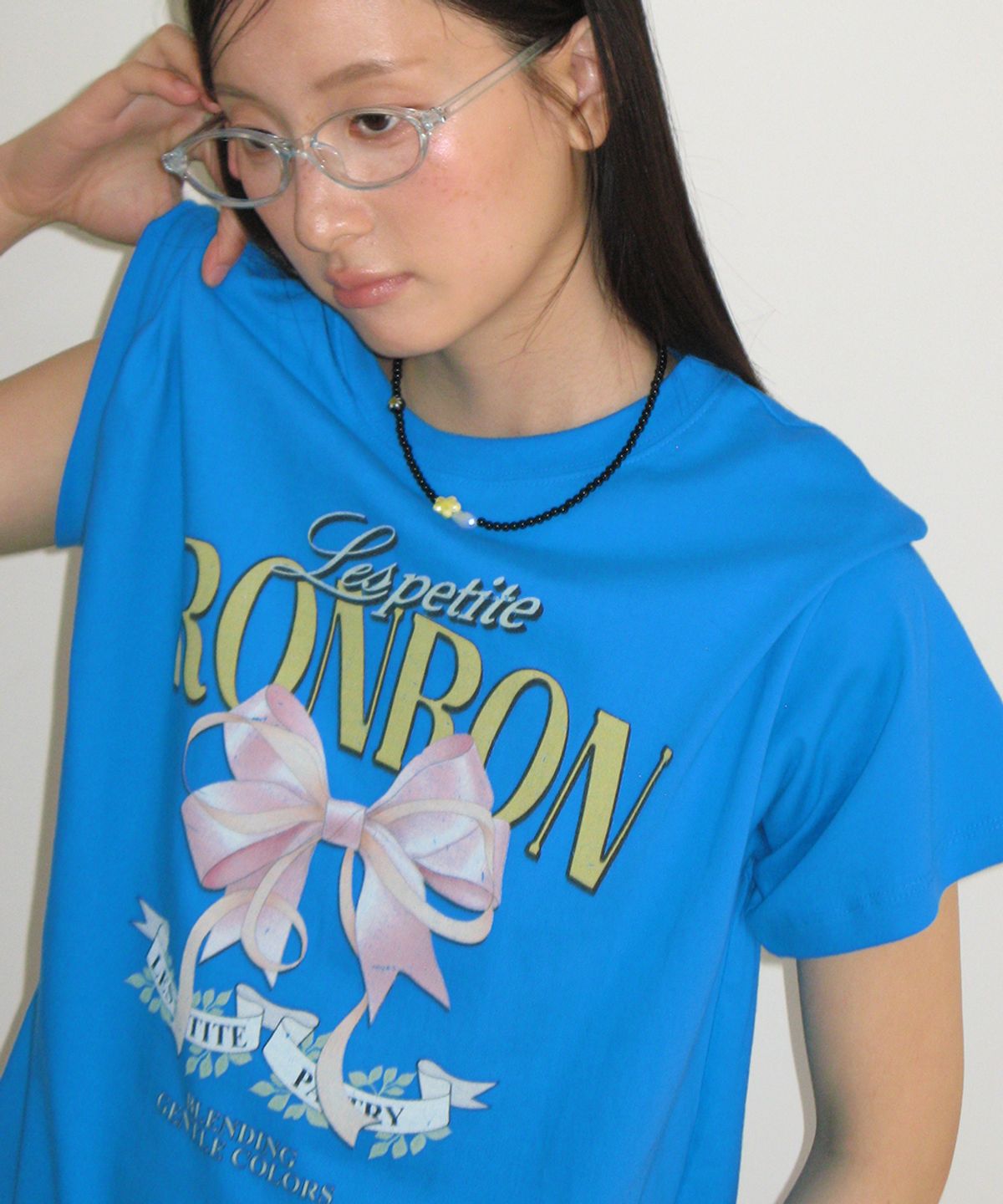 론론(RONRON) VINTAGE DOUBLE RIBBON BASIC FIT T SHIRT BLUE