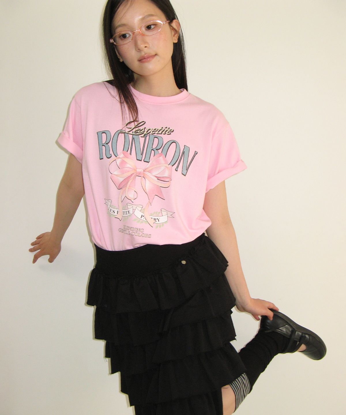 론론(RONRON) VINTAGE DOUBLE RIBBON BASIC FIT T SHIRT PINK