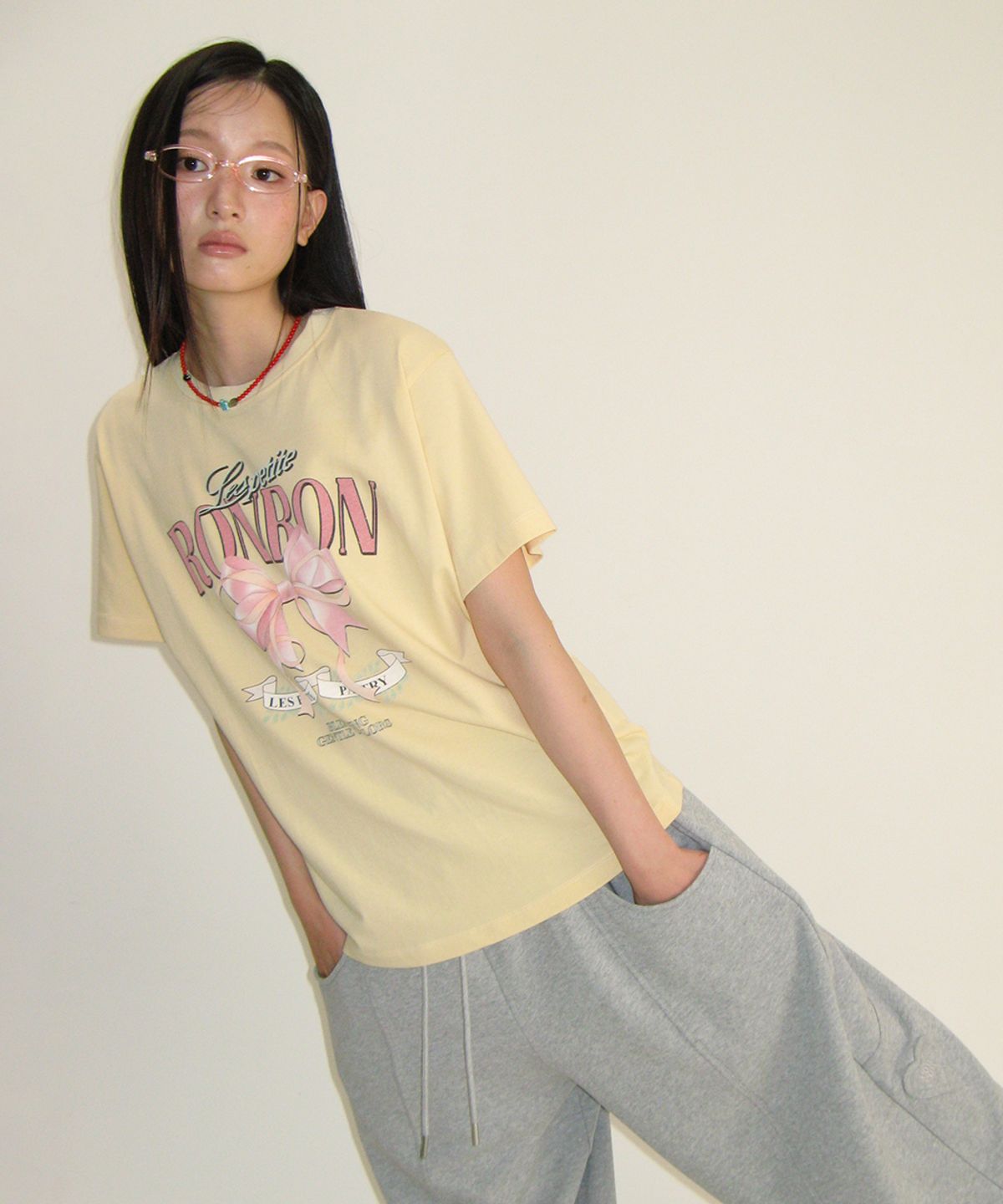 론론(RONRON) VINTAGE DOUBLE RIBBON BASIC FIT T SHIRT YELLOW