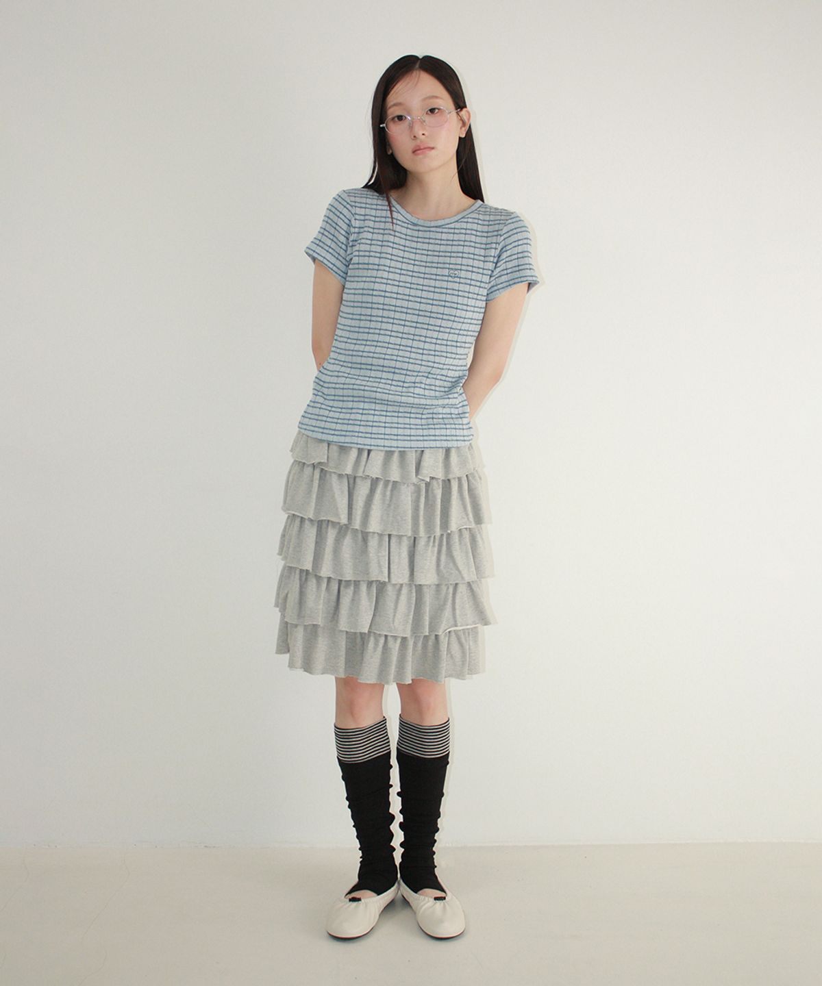 론론(RONRON) LAYERED OPEN TOE LEG WARMERS BLACK STRIPE