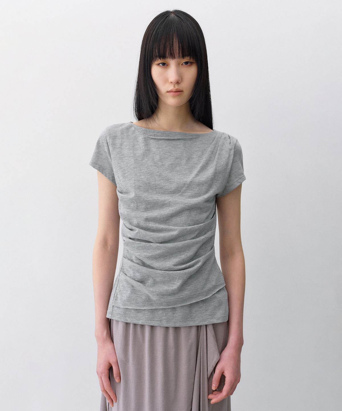 인사일런스 우먼(INSILENCE WOMEN) 드레이핑 보트넥 티셔츠 MELANGE GREY