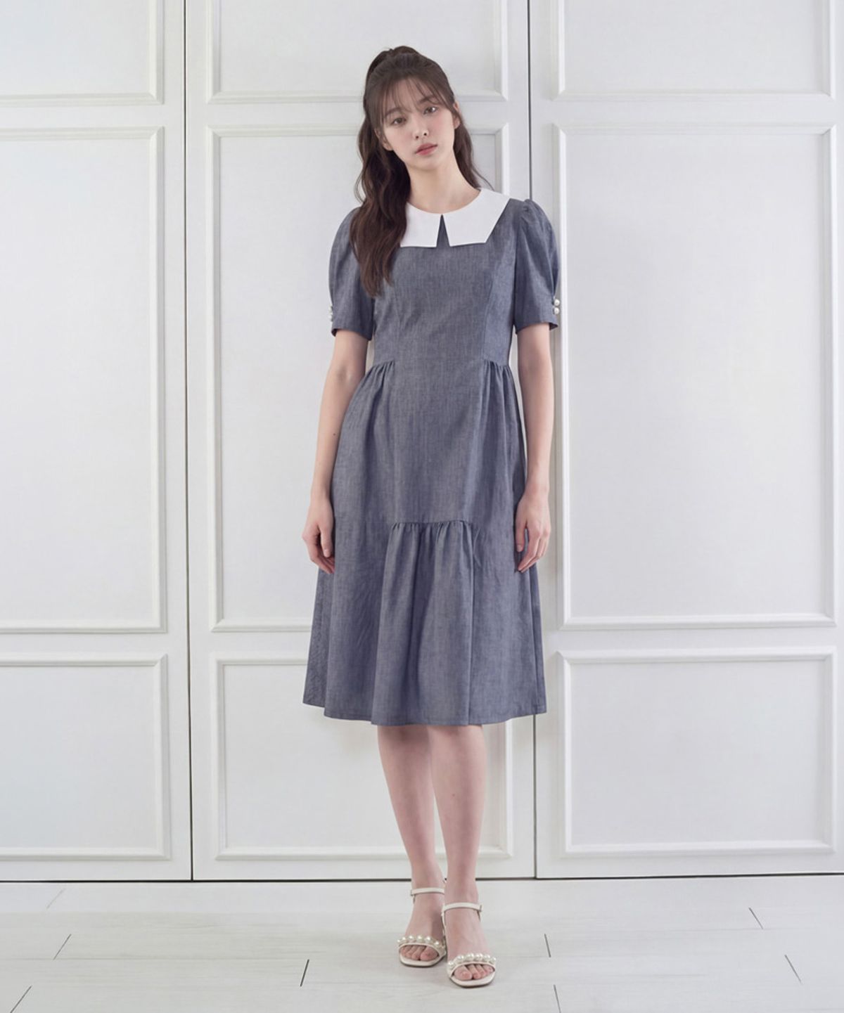 엘바이엘(LBYL) 블루 체크 화이트 카라 원피스