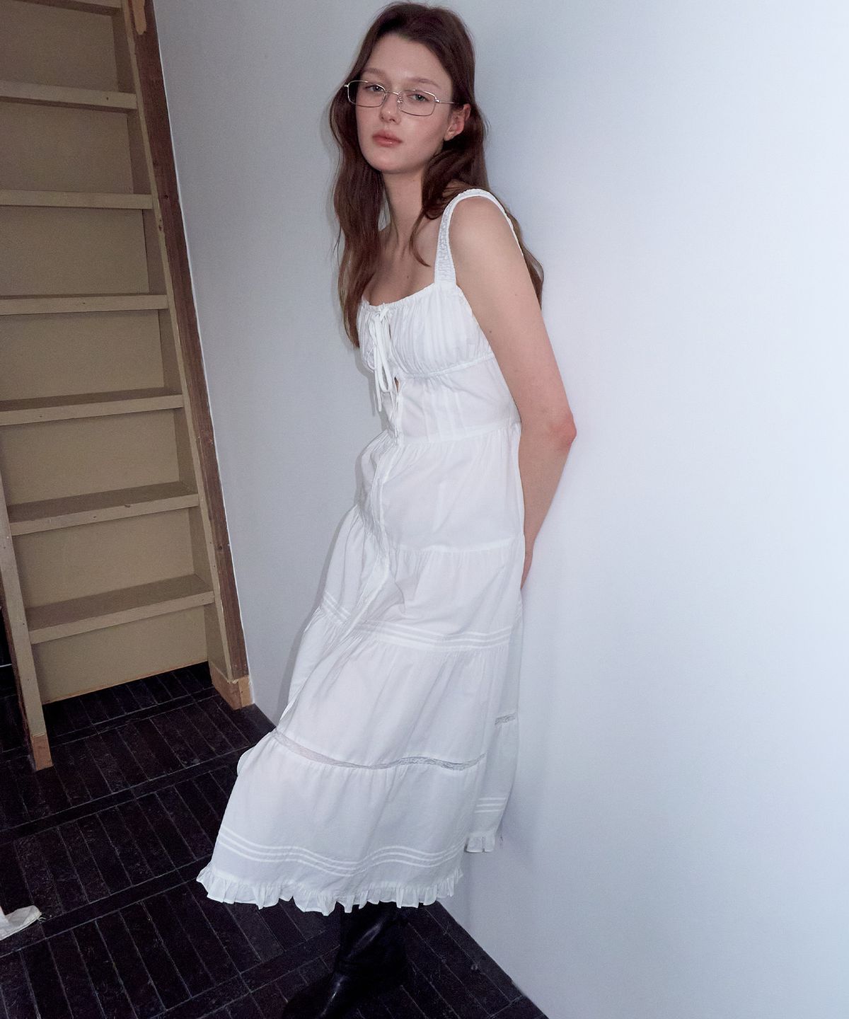 로라로라(ROLAROLA) PEASANT SHIRRING LONG ONE PIECE WHITE