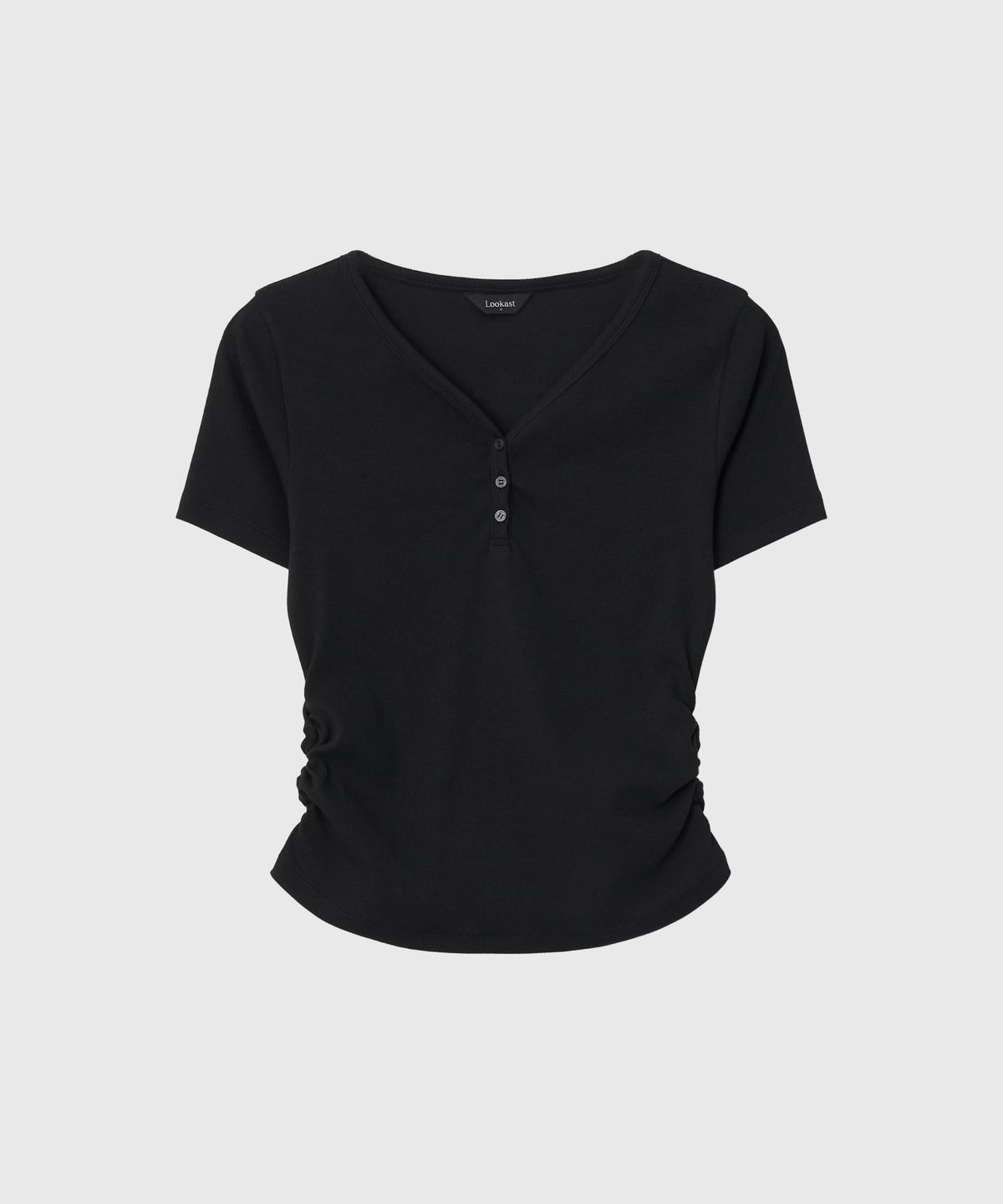 룩캐스트(LOOKAST) 사라 헨리넥 셔링 티셔츠_블랙 / SARA HENLEY NECK SHIRRED T-SHIRT_BLACK