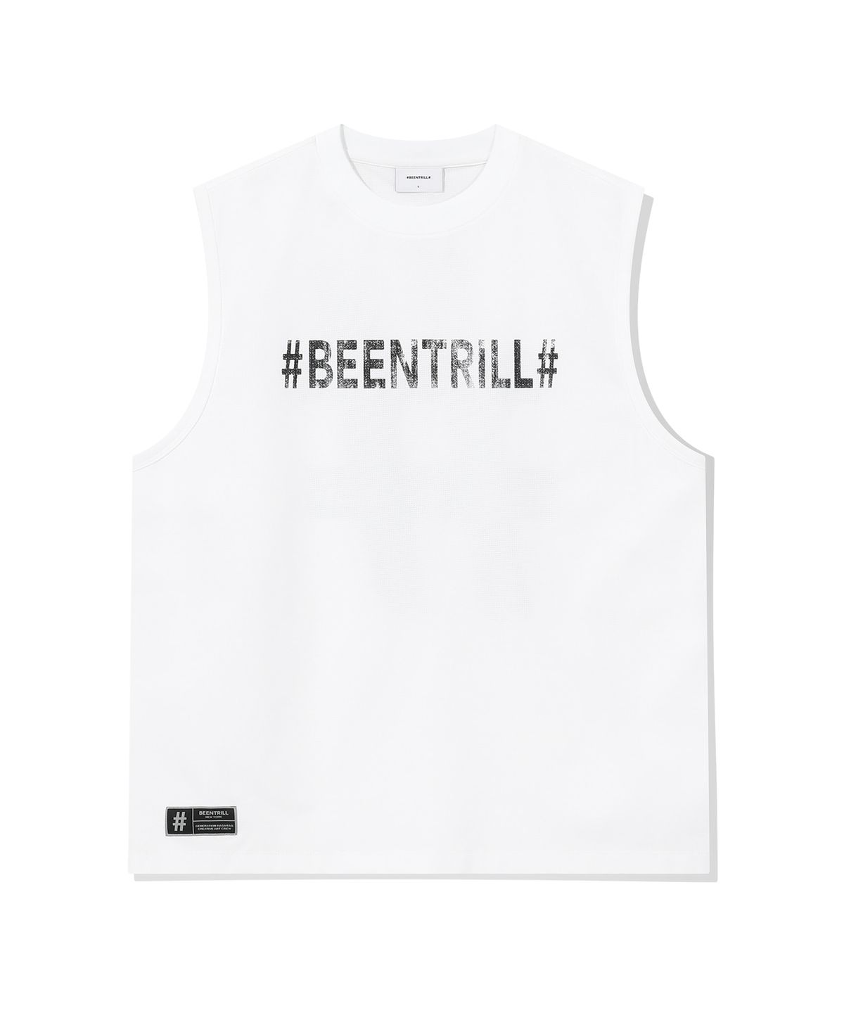 빈트릴(BEENTRILL) 빈티지 해시태그 오버핏 메쉬 슬리브리스(화이트)