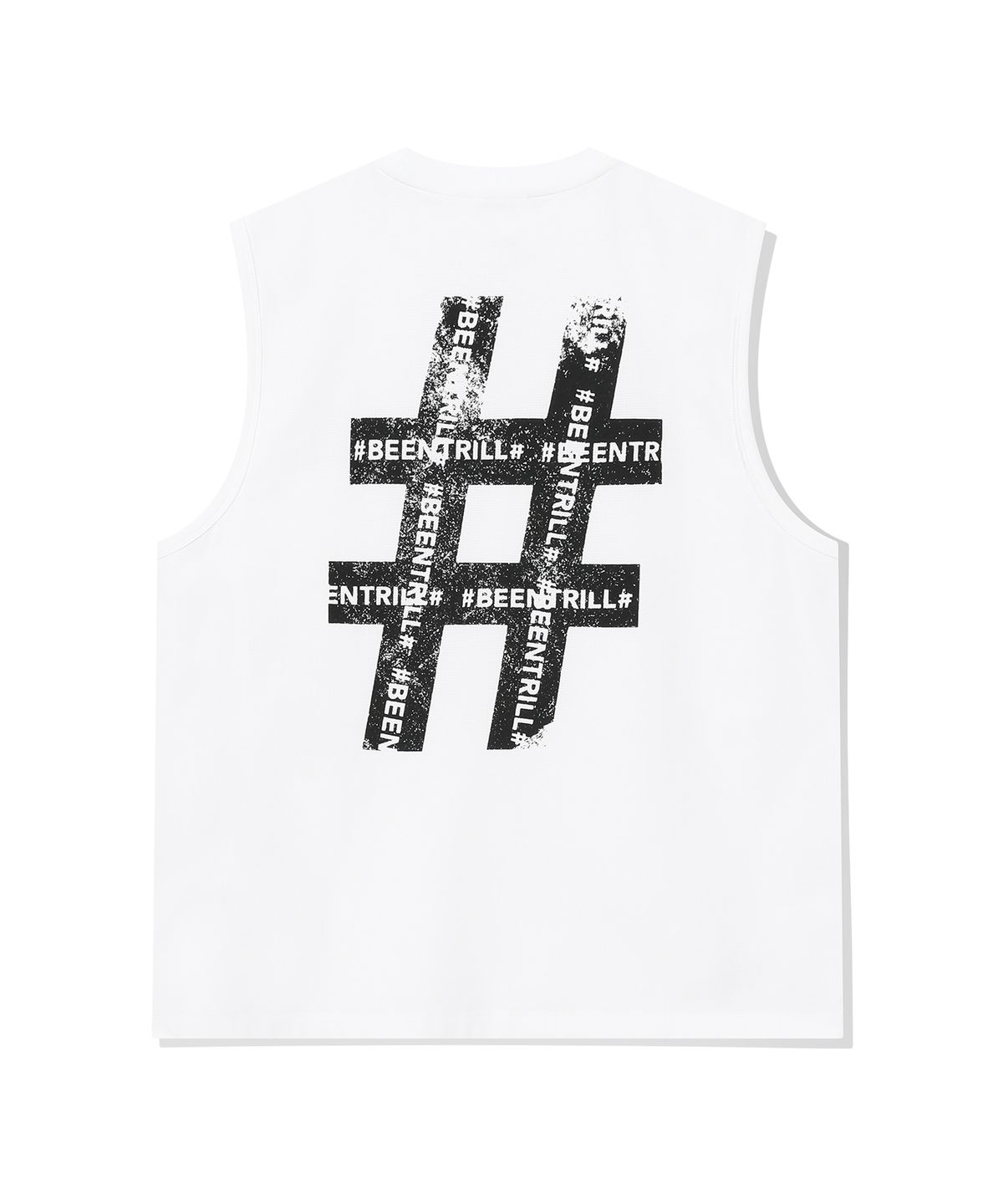 빈트릴(BEENTRILL) 빈티지 해시태그 오버핏 메쉬 슬리브리스(화이트)