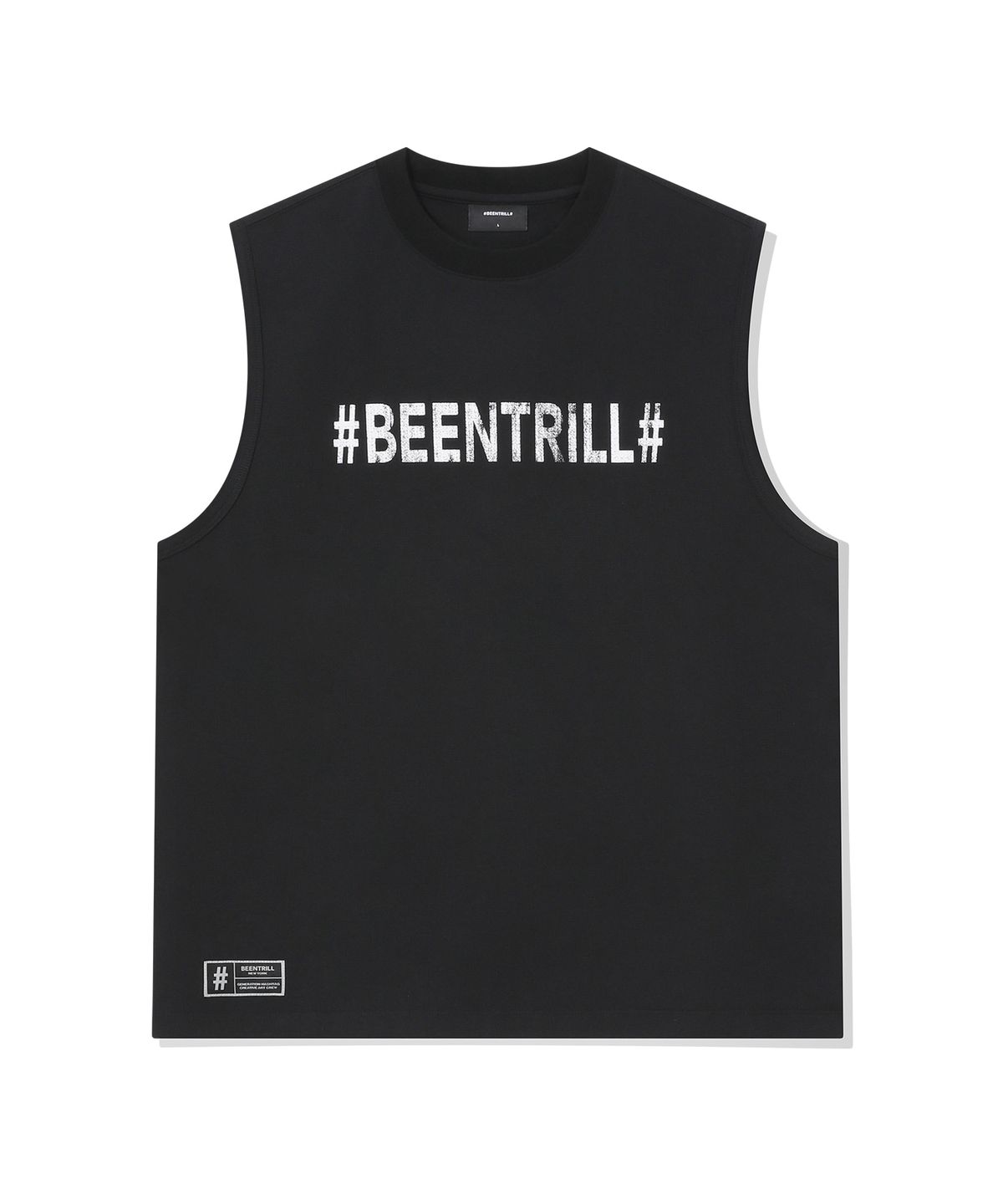 빈트릴(BEENTRILL) 빈티지 해시태그 오버핏 메쉬 슬리브리스(블랙)