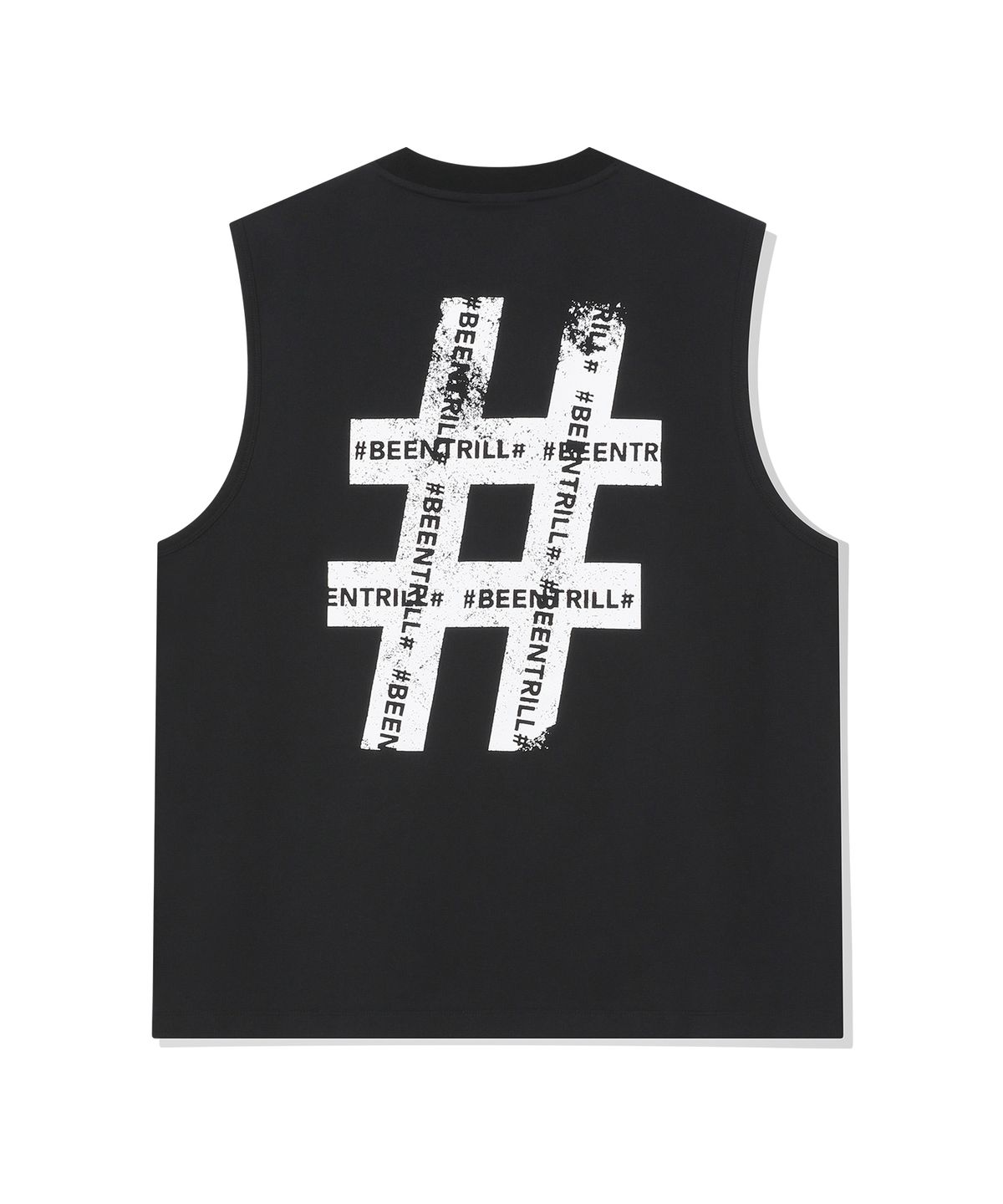 빈트릴(BEENTRILL) 빈티지 해시태그 오버핏 메쉬 슬리브리스(블랙)