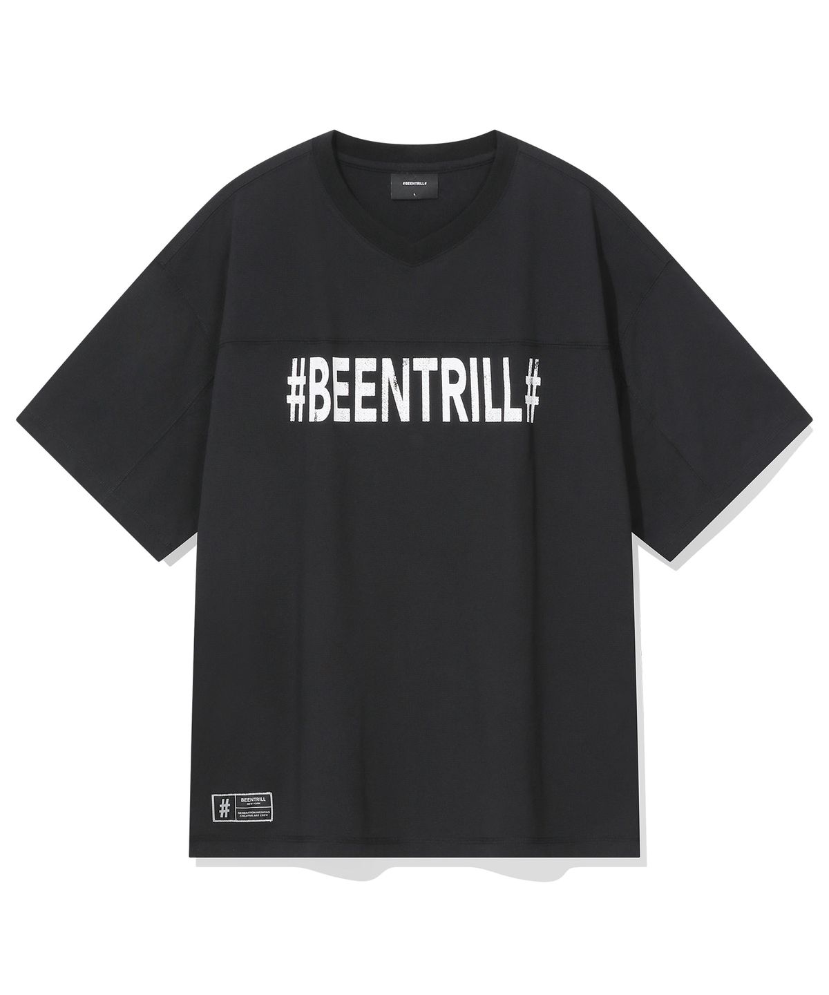 빈트릴(BEENTRILL) 빈티지 해시태그 자이언트 핏 메쉬 반팔티(블랙)