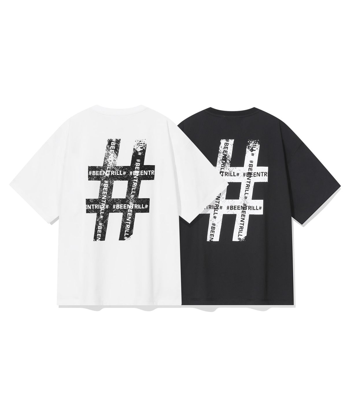 빈트릴(BEENTRILL) 빈티지 해시태그 자이언트 핏 메쉬 반팔티(블랙)