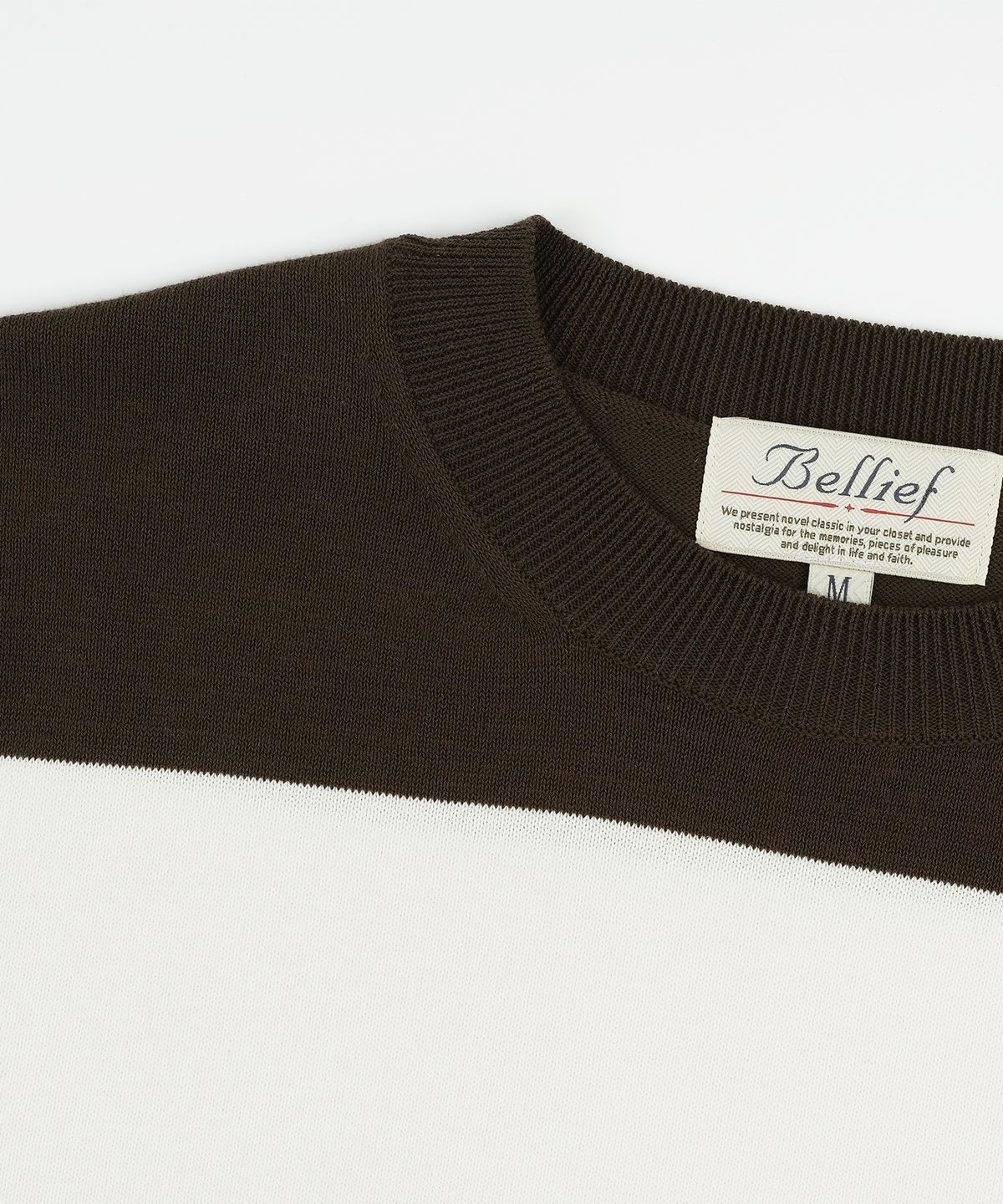벨리프(BELLIEF) Essential Hard Twist Cotton Short Sleeve Striped Knit (Ivory/Brown)