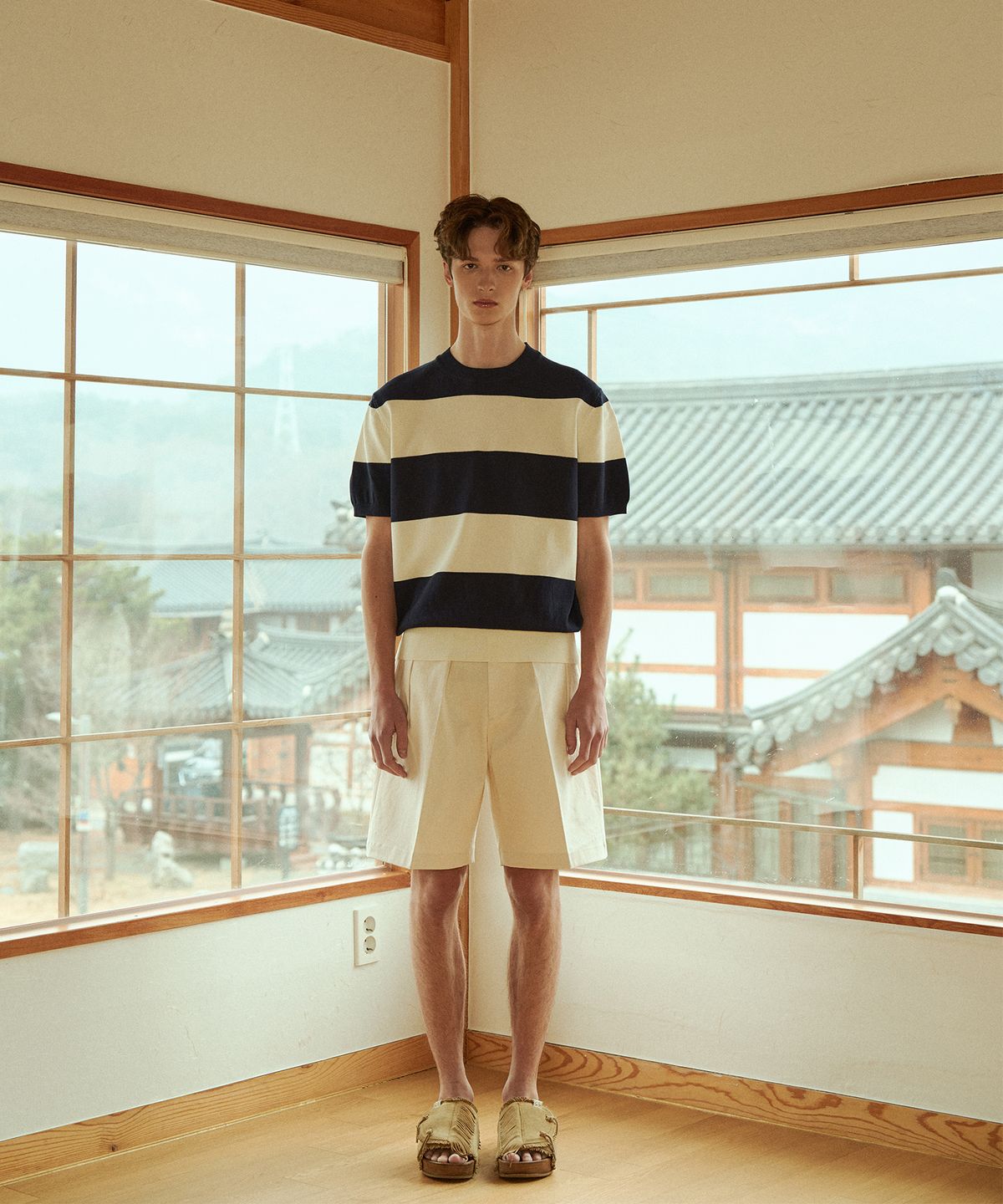 벨리프(BELLIEF) Essential Hard Twist Cotton Short Sleeve Striped Knit (Ivory/Navy)