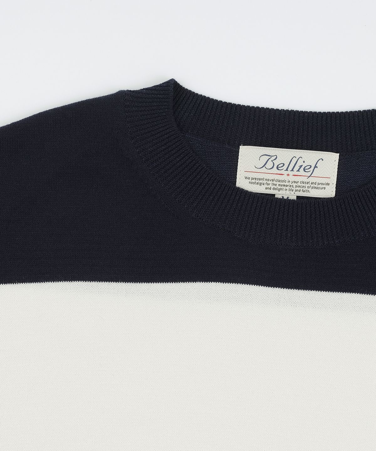 벨리프(BELLIEF) Essential Hard Twist Cotton Short Sleeve Striped Knit (Ivory/Navy)