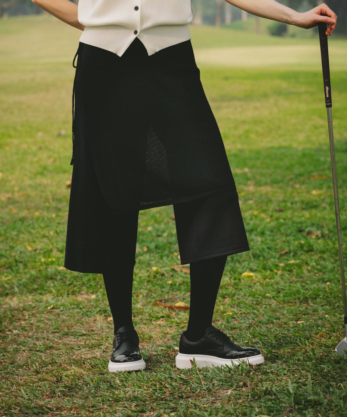 오베르 골프(OBER GOLF) 니트 랩 레이어드 하프 팬츠(블랙)
