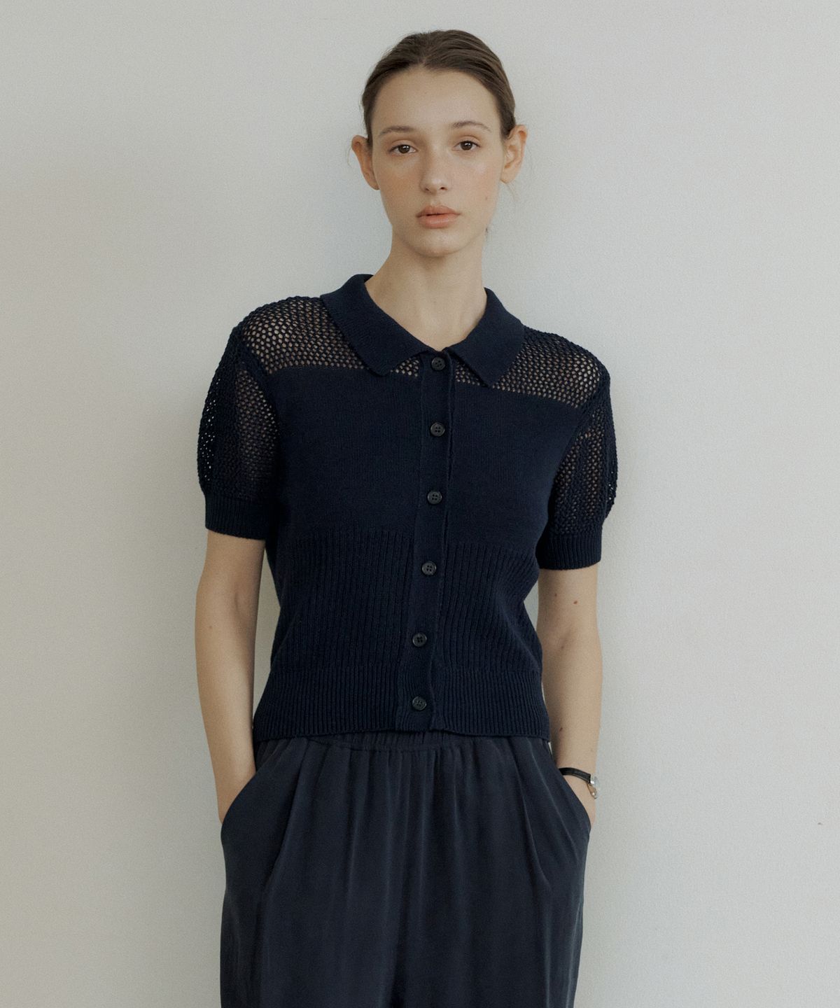 오떼뜨(OCTETTE) KNIT BLOCK COLLAR CARDIGAN_2COLOR