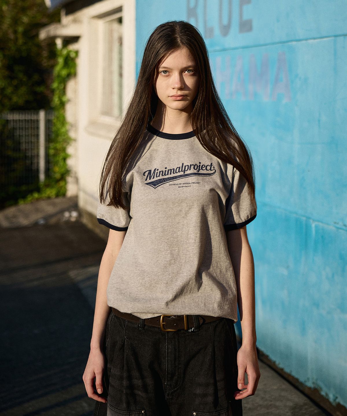 미니멀프로젝트(MINIMALPROJECT) 워시드 드로잉 링거 반팔 티셔츠 MST185 [GRAY/NAVY]