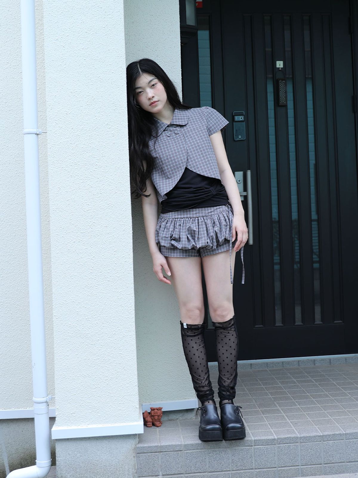 어글리쉐도우(UGLYSHADOW) 체커드 더블 블라우스(그레이)