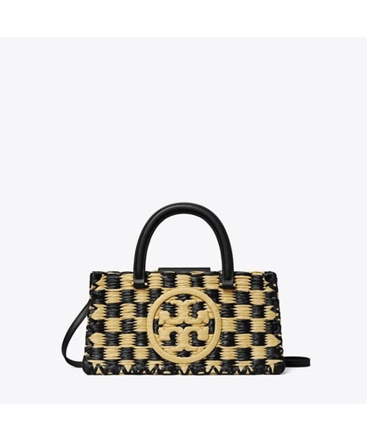 토리버치(TORYBURCH) 엘라 핸드 크로셰티드 체크 E/W 탑 핸들 - 블랙 / 내추럴