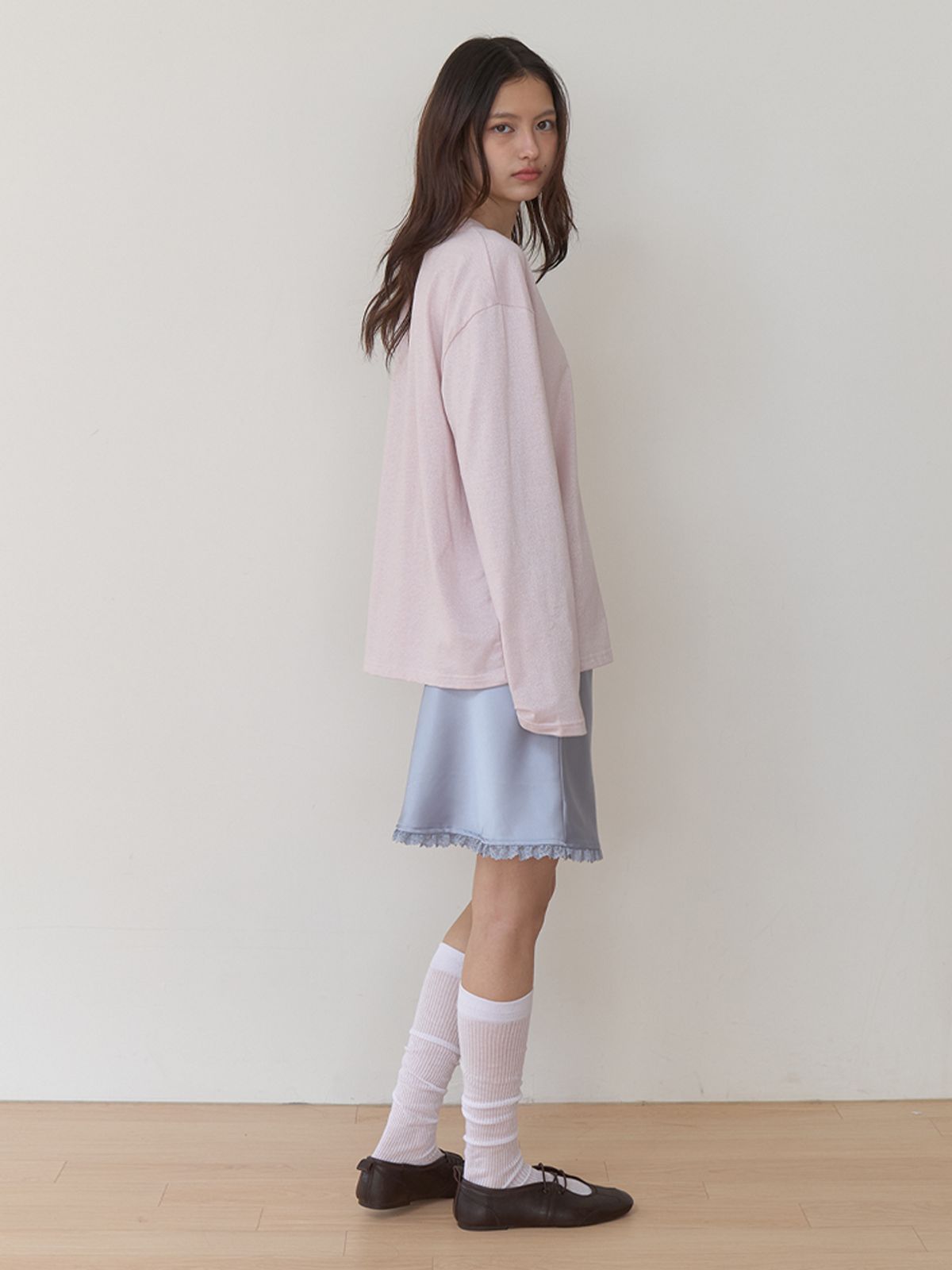 카인더베이비(KINDABABY) satin lace mini skirt - misty blue
