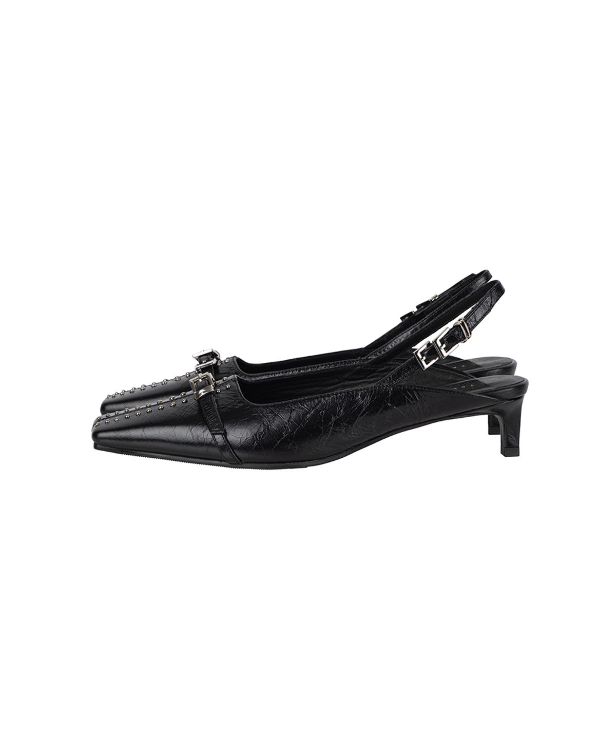 트리밍버드(TREEMINGBIRD) Square-Toe Belted Slingbacks [ Black ]