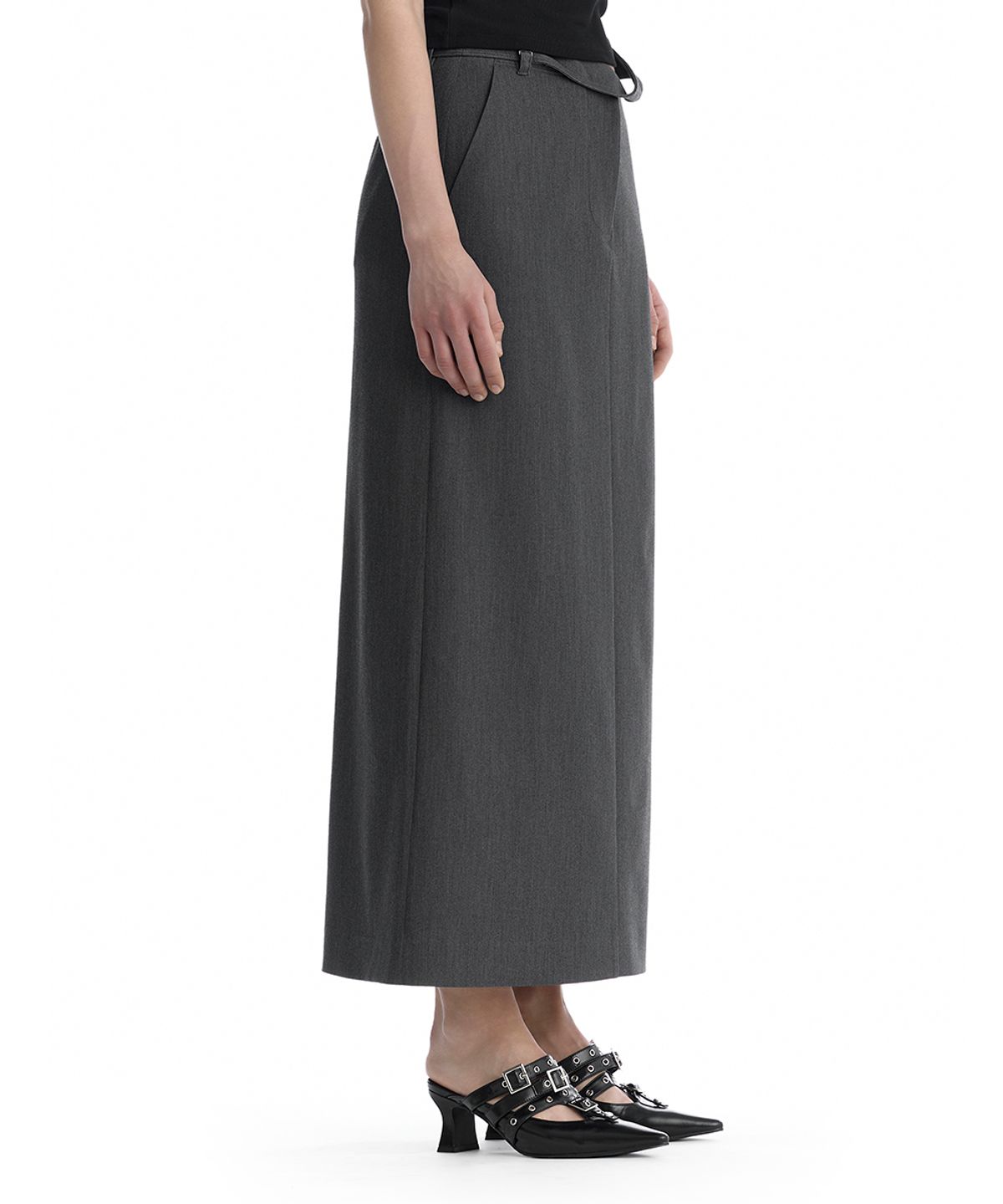 트리밍버드(TREEMINGBIRD) Split Waist Overlap Maxi Skirt [ Charcoal ]