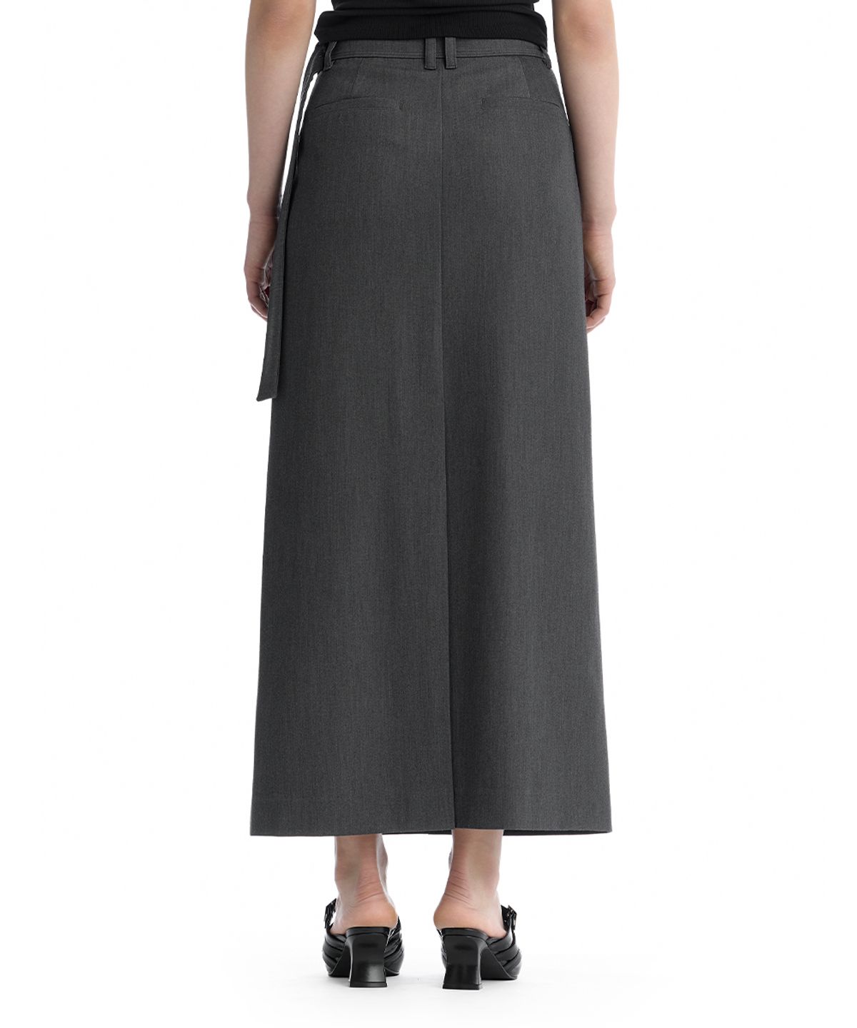 트리밍버드(TREEMINGBIRD) Split Waist Overlap Maxi Skirt [ Charcoal ]