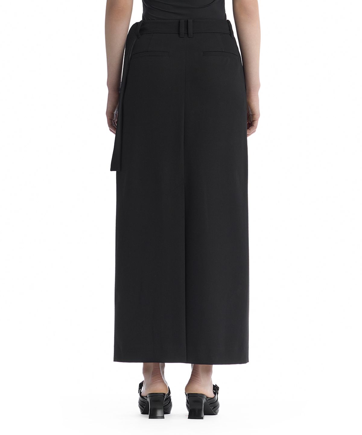 트리밍버드(TREEMINGBIRD) Split Waist Overlap Maxi Skirt [ Black ]