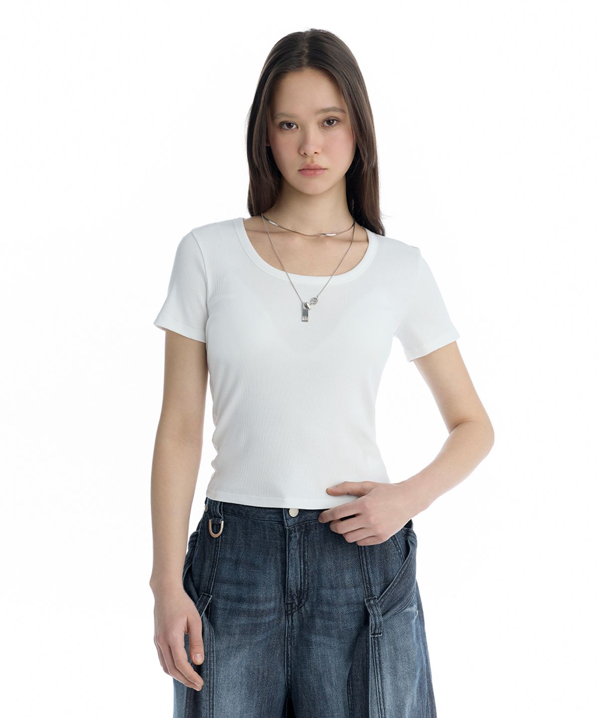 트리밍버드(TREEMINGBIRD) Essential U-Neck Ribbed T-Shirt [ White ]