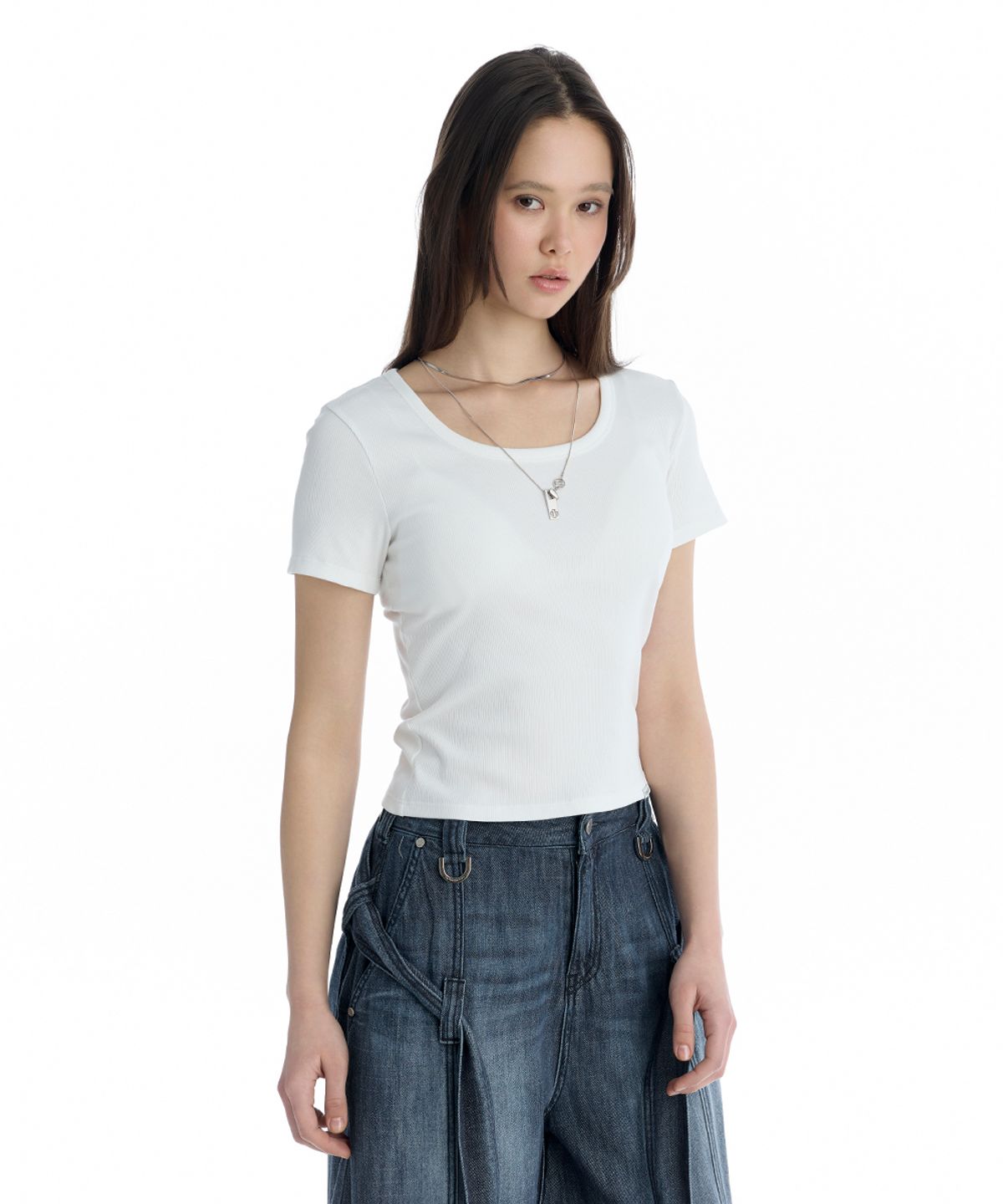 트리밍버드(TREEMINGBIRD) Essential U-Neck Ribbed T-Shirt [ White ]