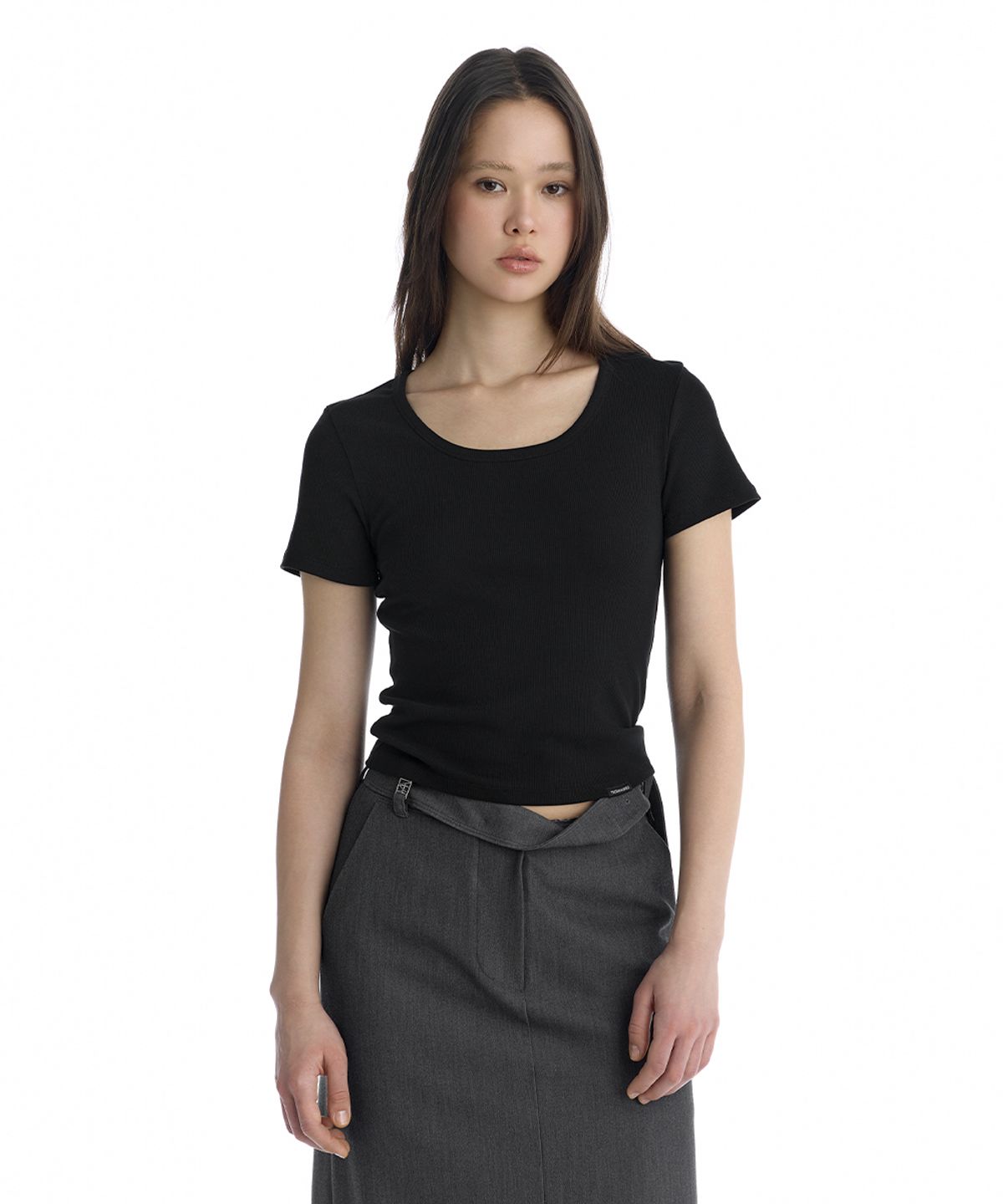 트리밍버드(TREEMINGBIRD) Essential U-Neck Ribbed T-Shirt [ Black ]