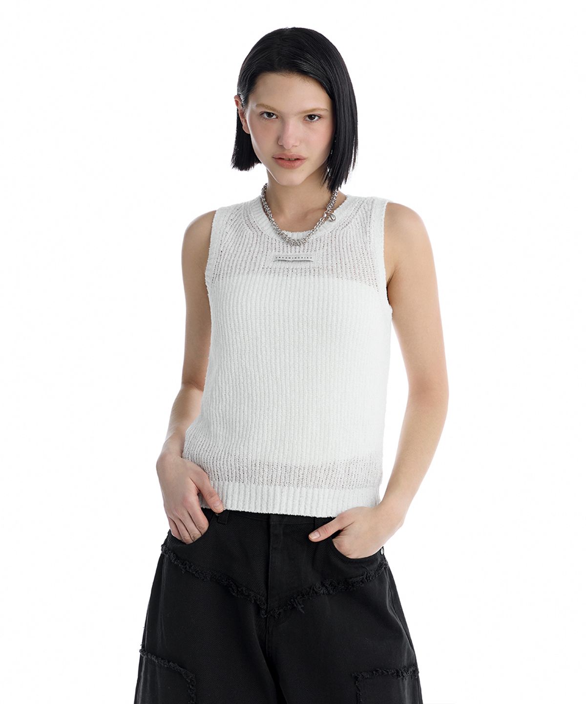 트리밍버드(TREEMINGBIRD) Essential Ribbed Sleeveless Knit Top [ White ]