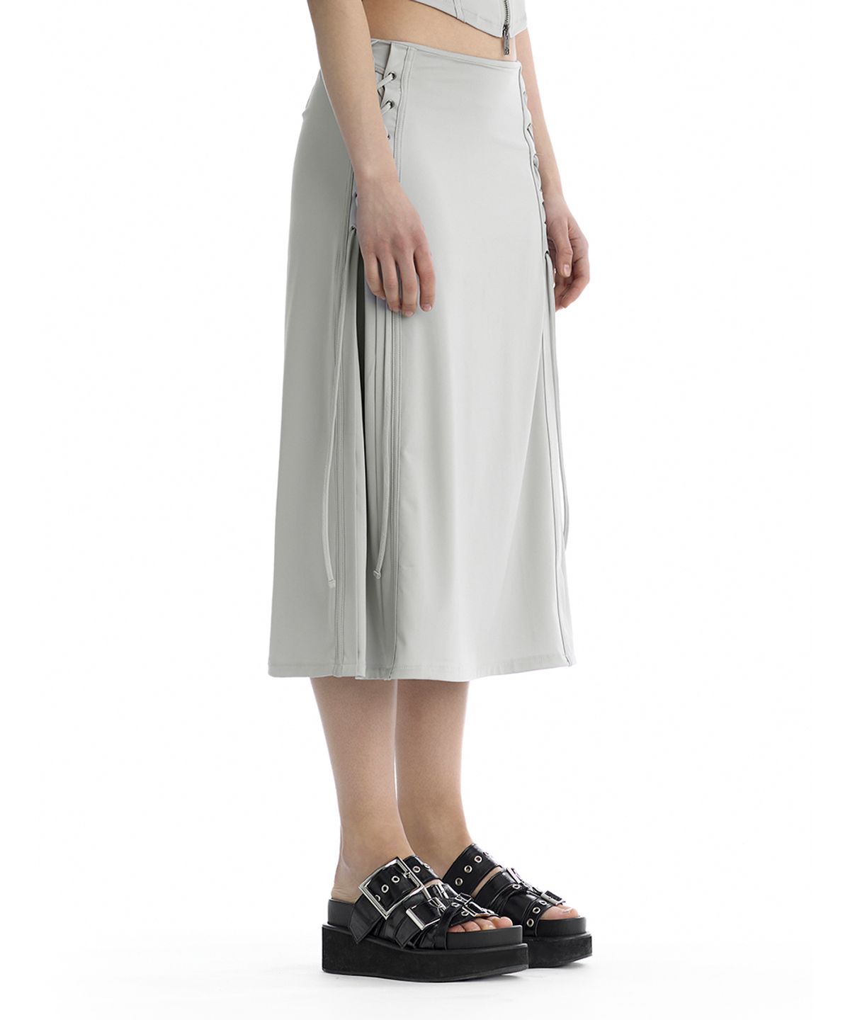 트리밍버드(TREEMINGBIRD) Jersey Lace-Up Side Set-Up Skirt [ Light Gray ]