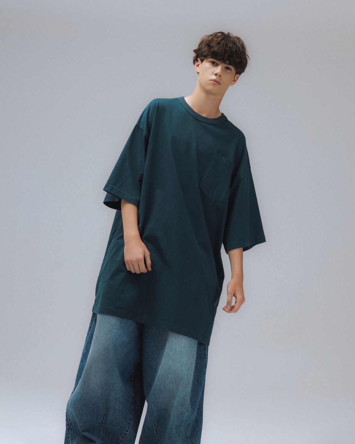 앵글런(ANGLAN) Essential Big Half Tee - Blue Green