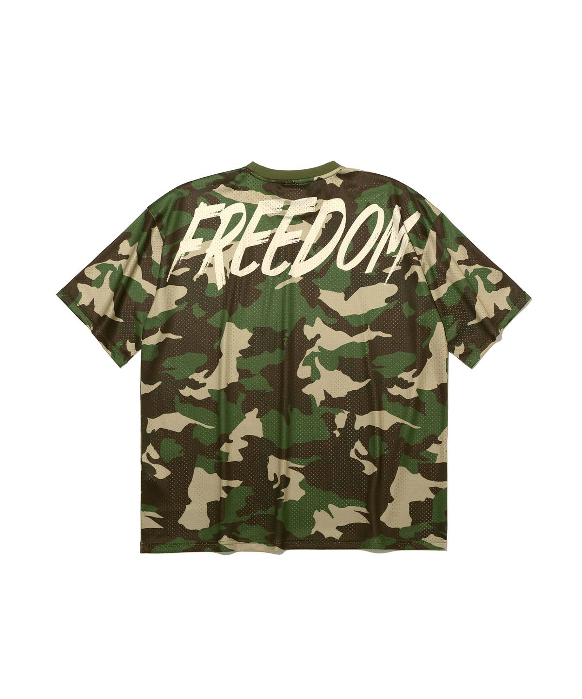 프리덤(FREEDOM) 메쉬 오버핏 백 프린팅 티셔츠 (라이트카모)